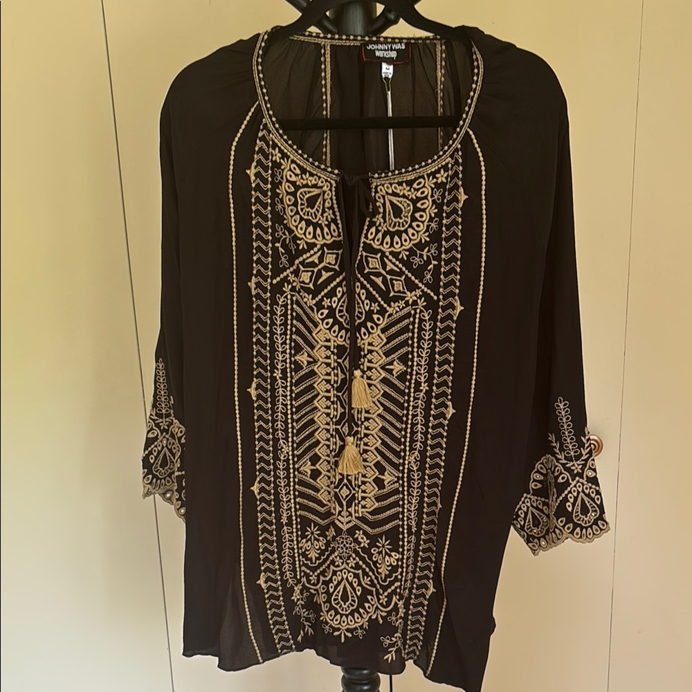 Johnny Was Black and Cream Embellished Blouse